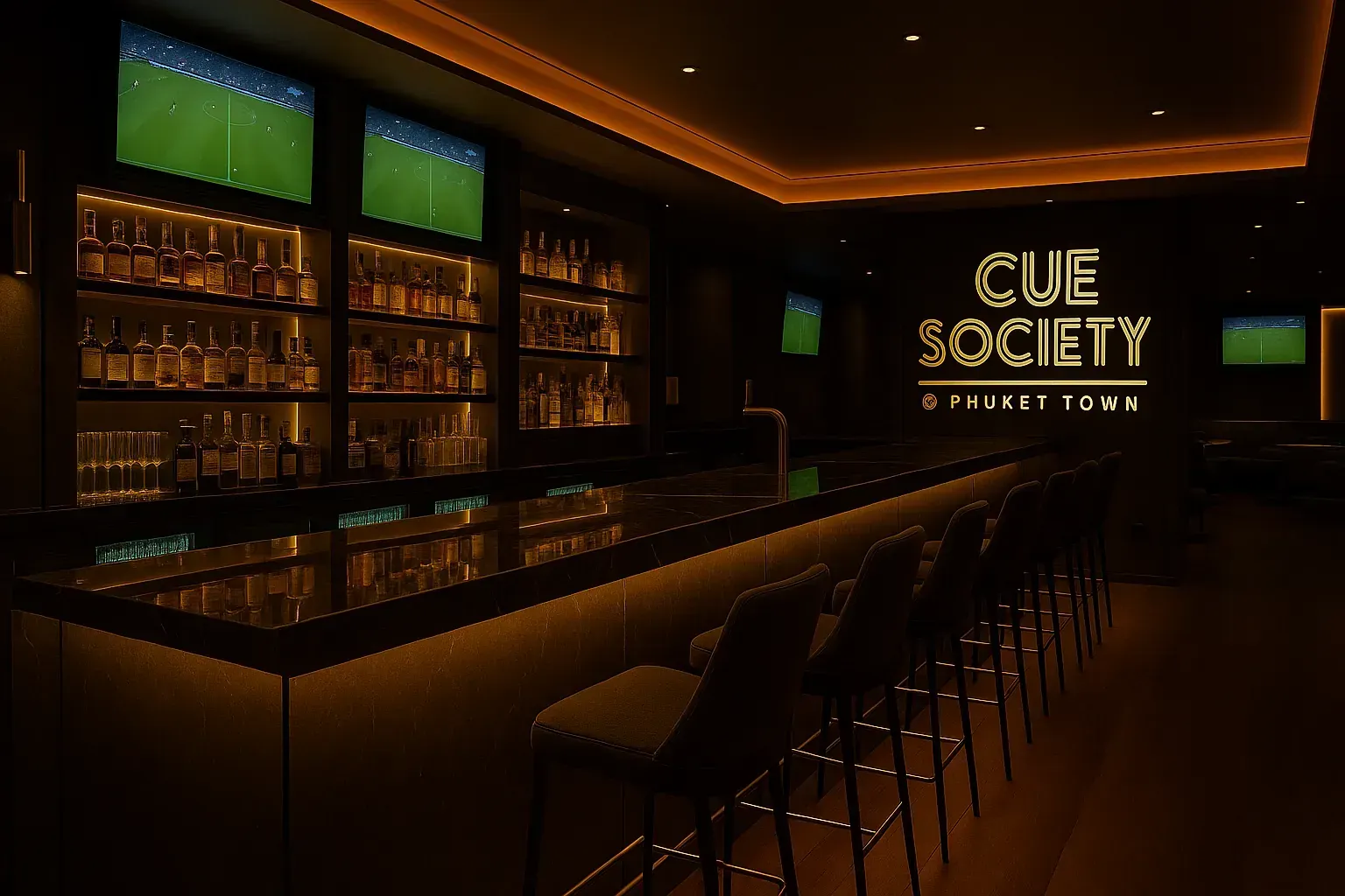 CUE SOCIETY lounge concept, with a warm bar, seating and live sport screens