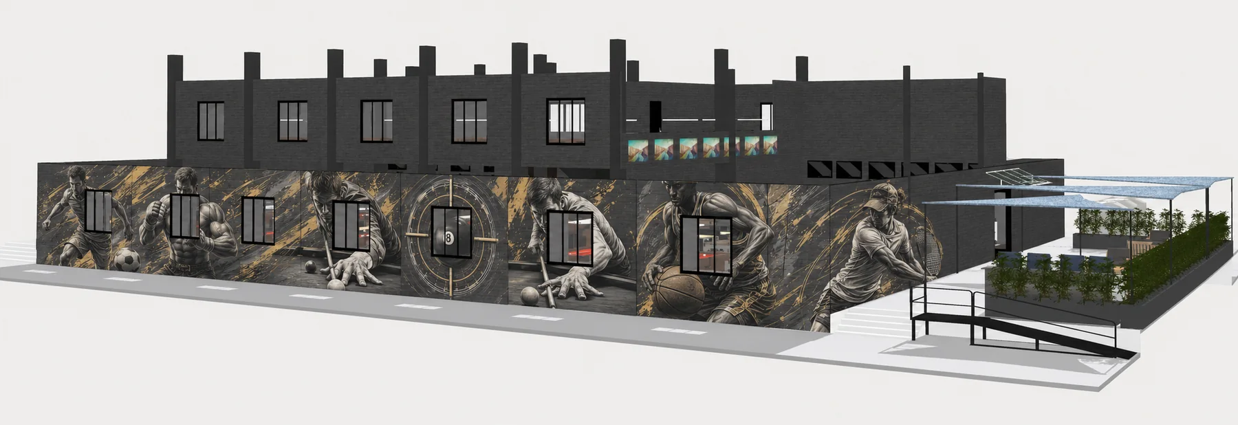 Existing exterior design study showing the substantial venue and entrance terrace on the right