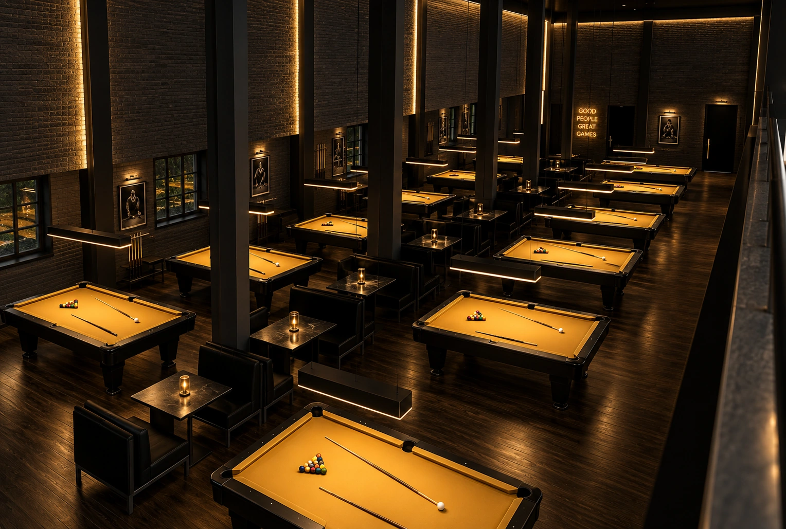 Main downstairs pool hall visualization showing table rows, structural columns and seating between play areas