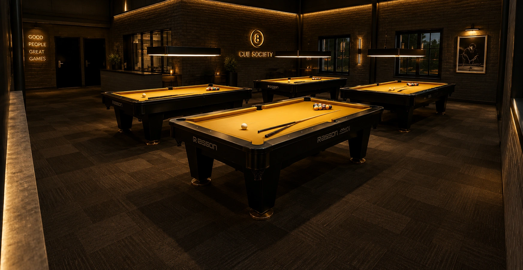 Upstairs four-table pool zone visualization for quieter play, coaching and private sessions
